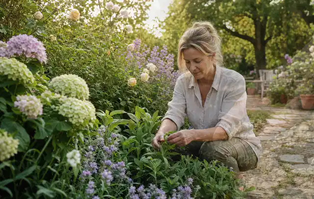 Person pflegt üppige Pflanzen in einem natürlich beleuchteten Garten; Thema Sommerblumen, Schwerpunkt Pflanzengesundheit; Kontrolle.