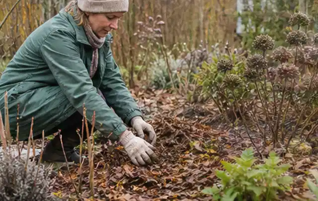 Person verteilt eine schützende Mulchschicht zwischen winterlichen Stauden; Thema Sommerblumen, Schwerpunkt Pflanzengesundheit; Ergebnis.