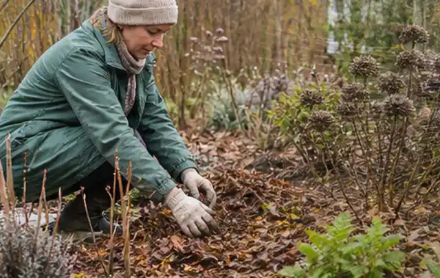 Person verteilt eine schützende Mulchschicht zwischen winterlichen Stauden; Thema Sommerblumen, Schwerpunkt Rückschnitt; Ergebnis.