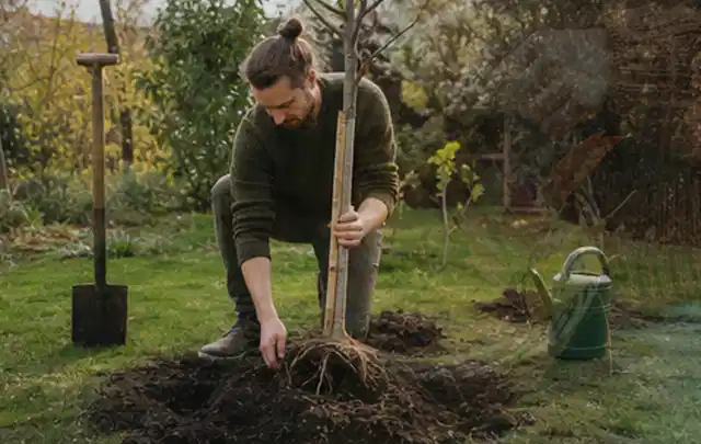Person setzt einen jungen Zierbaum in ein vorbereitetes Pflanzloch im Garten; Thema Sommerblumen, Schwerpunkt Sortenwahl; Kontrolle.
