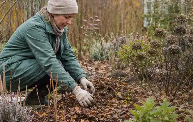 Person verteilt eine schützende Mulchschicht zwischen winterlichen Stauden; Thema Sommerblumen, Schwerpunkt Sortenwahl; Ergebnis.