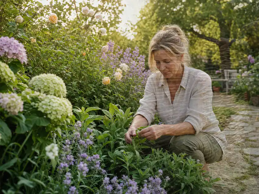 Person pflegt üppige Pflanzen in einem natürlich beleuchteten Garten; Thema Sommerblumen, Schwerpunkt Topfkultur; Titelbild.