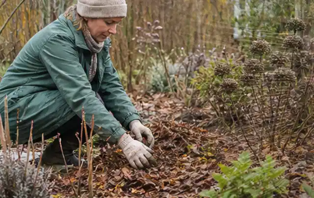 Person verteilt eine schützende Mulchschicht zwischen winterlichen Stauden; Thema Sommerblumen, Schwerpunkt Topfkultur; Ausgangslage.