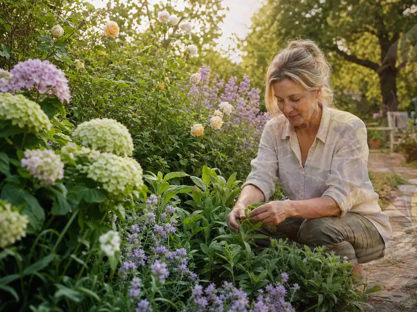 Person pflegt üppige Pflanzen in einem natürlich beleuchteten Garten; Thema Sommerblumen, Schwerpunkt Vermehrung; Titelbild.