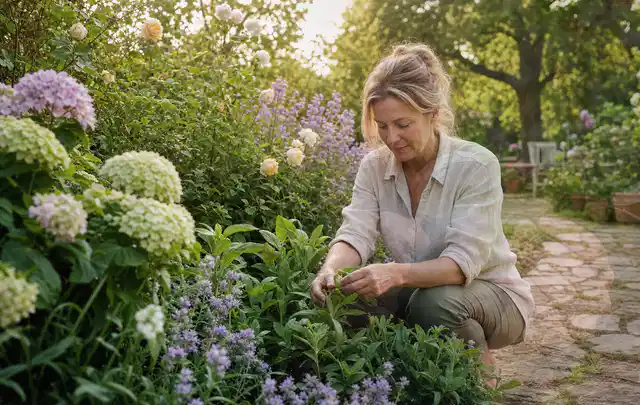 Person pflegt üppige Pflanzen in einem natürlich beleuchteten Garten; Thema Sommerblumen, Schwerpunkt Winterpflege; Ausgangslage.