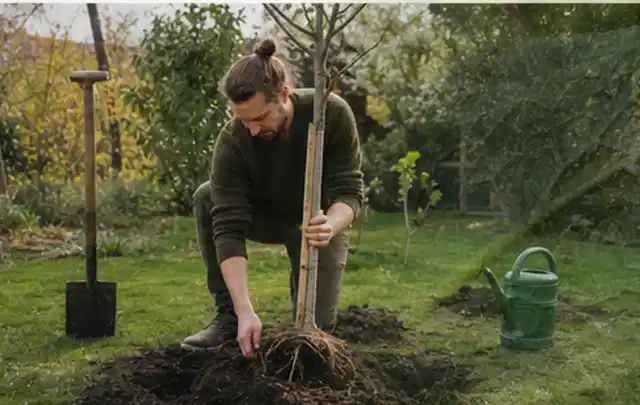 Person setzt einen jungen Zierbaum in ein vorbereitetes Pflanzloch im Garten; Thema Sommerblumen, Schwerpunkt Winterpflege; Kontrolle.