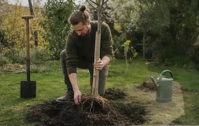Person setzt einen jungen Zierbaum in ein vorbereitetes Pflanzloch im Garten; Thema Sonnenblumen, Schwerpunkt Blumen; Ausgangslage.