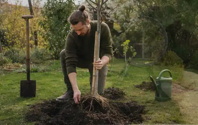 Person setzt einen jungen Zierbaum in ein vorbereitetes Pflanzloch im Garten; Thema Sonnenblumen, Schwerpunkt Boden; Ausgangslage.