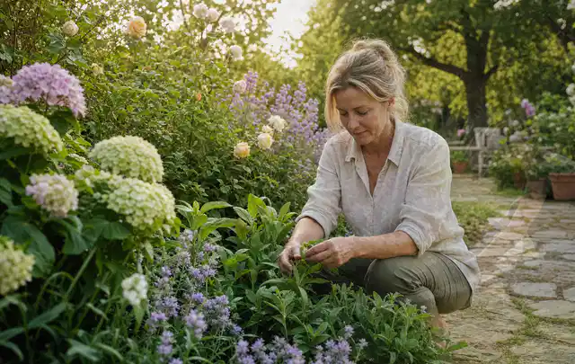 Person pflegt üppige Pflanzen in einem natürlich beleuchteten Garten; Thema Sonnenblumen, Schwerpunkt Boden; Praxisalltag.