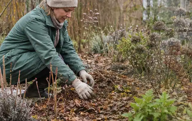 Person verteilt eine schützende Mulchschicht zwischen winterlichen Stauden; Thema Sonnenblumen, Schwerpunkt Düngung; Ergebnis.