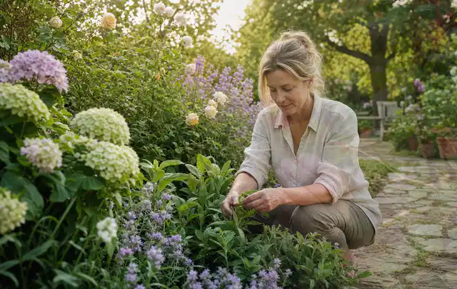 Person pflegt üppige Pflanzen in einem natürlich beleuchteten Garten; Thema Sonnenblumen, Schwerpunkt Düngung; Praxisalltag.