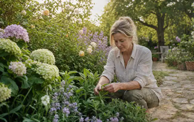 Person pflegt üppige Pflanzen in einem natürlich beleuchteten Garten; Thema Sonnenblumen, Schwerpunkt Einsteigerwissen; Umsetzung.