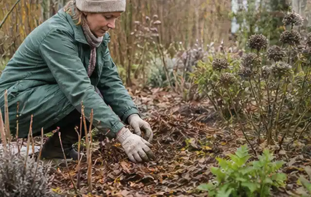 Person verteilt eine schützende Mulchschicht zwischen winterlichen Stauden; Thema Sonnenblumen, Schwerpunkt Fehlerhilfe; Ausgangslage.