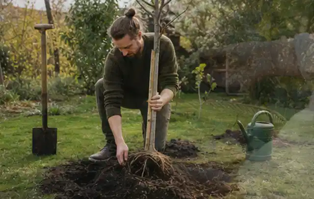 Person setzt einen jungen Zierbaum in ein vorbereitetes Pflanzloch im Garten; Thema Sonnenblumen, Schwerpunkt Fehlerhilfe; Umsetzung.