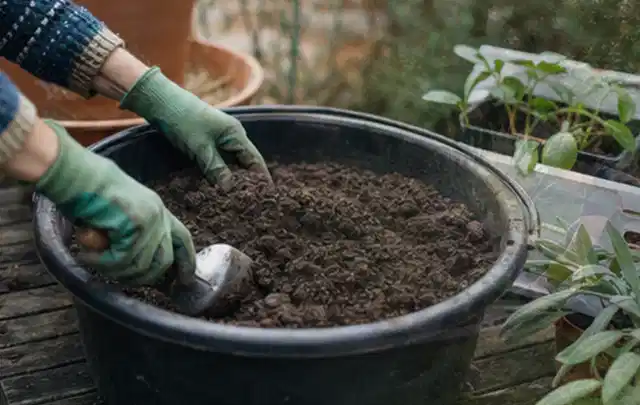 Behandschuhte Hände bereiten lockere Pflanzerde in einem großen Kübel vor; Thema Sonnenblumen, Schwerpunkt Fehlerhilfe; Ergebnis.