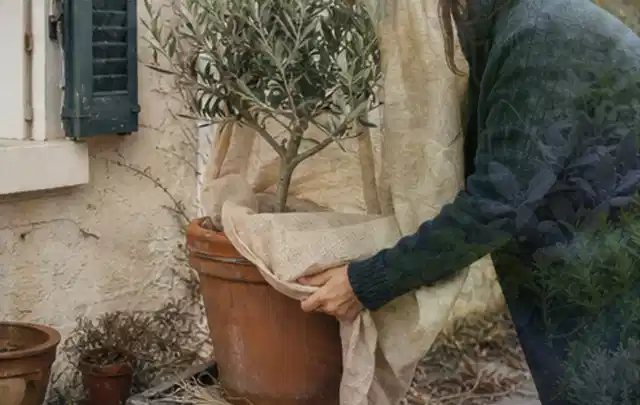 Person umhüllt eine mediterrane Kübelpflanze mit atmungsaktivem Winterschutz; Thema Sonnenblumen, Schwerpunkt Gartenpraxis; Praxisalltag.