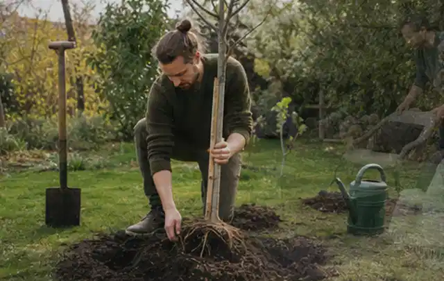 Person setzt einen jungen Zierbaum in ein vorbereitetes Pflanzloch im Garten; Thema Sonnenblumen, Schwerpunkt Kaufberatung; Ausgangslage.