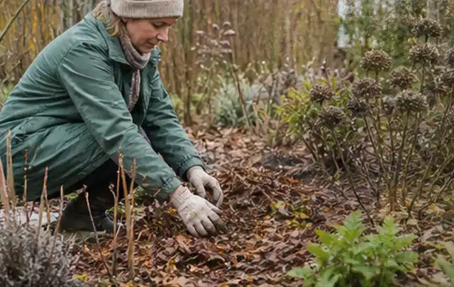 Person verteilt eine schützende Mulchschicht zwischen winterlichen Stauden; Thema Sonnenblumen, Schwerpunkt Kaufberatung; Umsetzung.