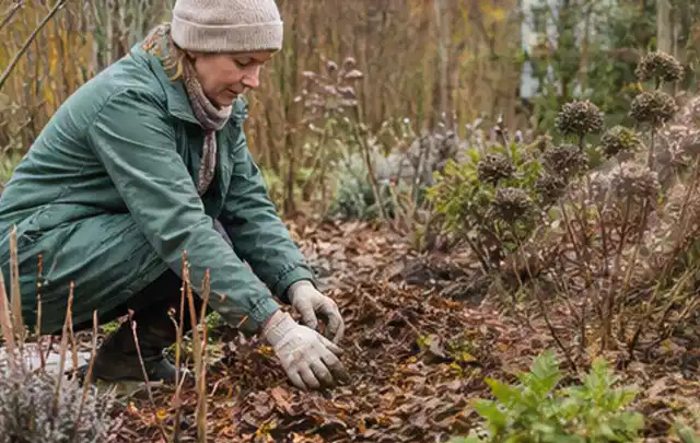Person verteilt eine schützende Mulchschicht zwischen winterlichen Stauden; Thema Sonnenblumen, Schwerpunkt Pflanzpartner; Praxisalltag.