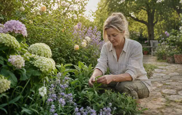Person pflegt üppige Pflanzen in einem natürlich beleuchteten Garten; Thema Sonnenblumen, Schwerpunkt Problemlösung; Kontrolle.