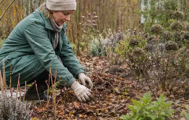 Person verteilt eine schützende Mulchschicht zwischen winterlichen Stauden; Thema Sonnenblumen, Schwerpunkt Rückschnitt; Umsetzung.