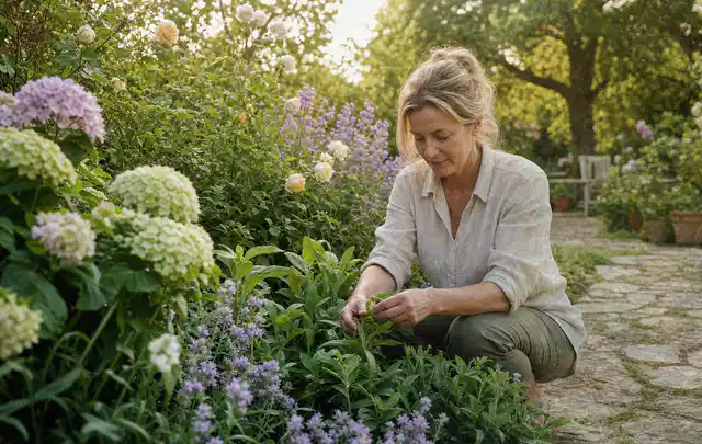 Person pflegt üppige Pflanzen in einem natürlich beleuchteten Garten; Thema Sonnenblumen, Schwerpunkt Rückschnitt; Kontrolle.