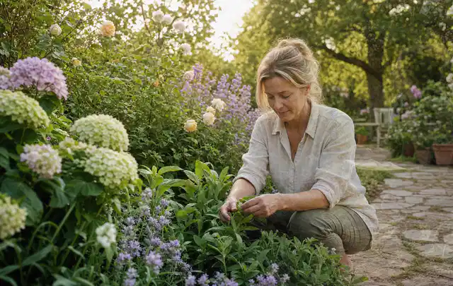 Person pflegt üppige Pflanzen in einem natürlich beleuchteten Garten; Thema Sonnenblumen, Schwerpunkt Sortenwahl; Kontrolle.