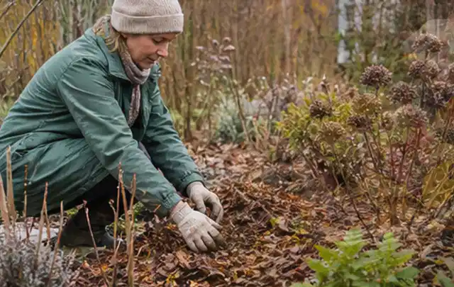Person verteilt eine schützende Mulchschicht zwischen winterlichen Stauden; Thema Sonnenblumen, Schwerpunkt Sortenwahl; Ergebnis.