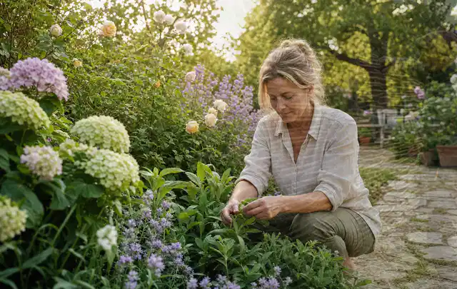 Person pflegt üppige Pflanzen in einem natürlich beleuchteten Garten; Thema Sonnenblumen, Schwerpunkt Standort; Umsetzung.