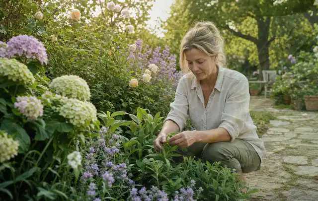 Person pflegt üppige Pflanzen in einem natürlich beleuchteten Garten; Thema Sonnenblumen, Schwerpunkt Topfkultur; Kontrolle.