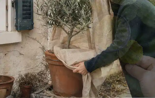Person umhüllt eine mediterrane Kübelpflanze mit atmungsaktivem Winterschutz; Thema Sonnenblumen, Schwerpunkt Vermehrung; Ausgangslage.