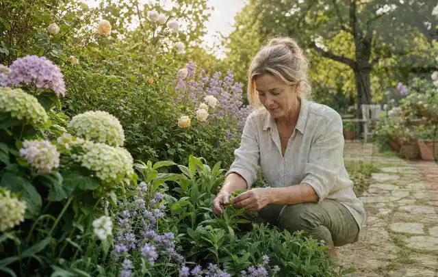 Person pflegt üppige Pflanzen in einem natürlich beleuchteten Garten; Thema Sonnenblumen, Schwerpunkt Vermehrung; Umsetzung.