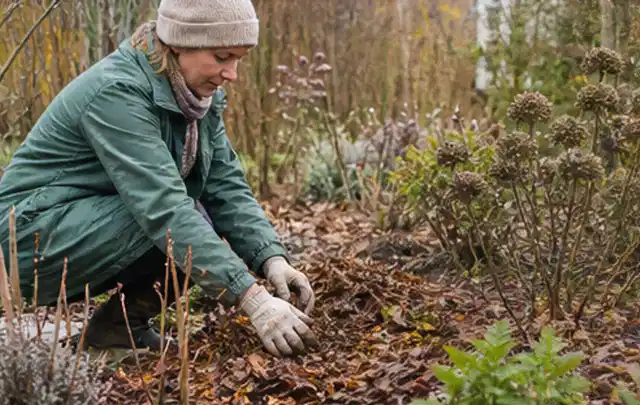 Person verteilt eine schützende Mulchschicht zwischen winterlichen Stauden; Thema Sonnenblumen, Schwerpunkt Wachstum; Ausgangslage.