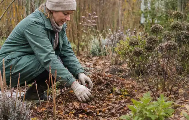 Person verteilt eine schützende Mulchschicht zwischen winterlichen Stauden; Thema Sonnenpflanzen, Schwerpunkt Boden; Ausgangslage.