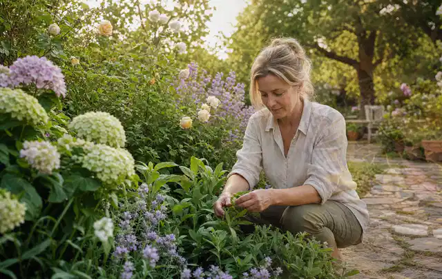 Person pflegt üppige Pflanzen in einem natürlich beleuchteten Garten; Thema Sonnenpflanzen, Schwerpunkt Boden; Umsetzung.