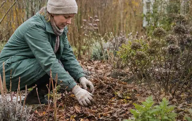 Person verteilt eine schützende Mulchschicht zwischen winterlichen Stauden; Thema Sonnenpflanzen, Schwerpunkt Düngung; Kontrolle.
