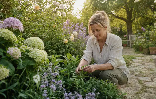 Person pflegt üppige Pflanzen in einem natürlich beleuchteten Garten; Thema Sonnenpflanzen, Schwerpunkt Einsteigerwissen; Ergebnis.
