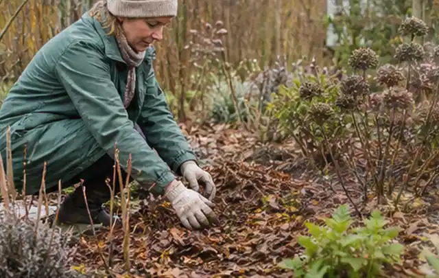 Person verteilt eine schützende Mulchschicht zwischen winterlichen Stauden; Thema Sonnenpflanzen, Schwerpunkt Fehlerhilfe; Praxisalltag.