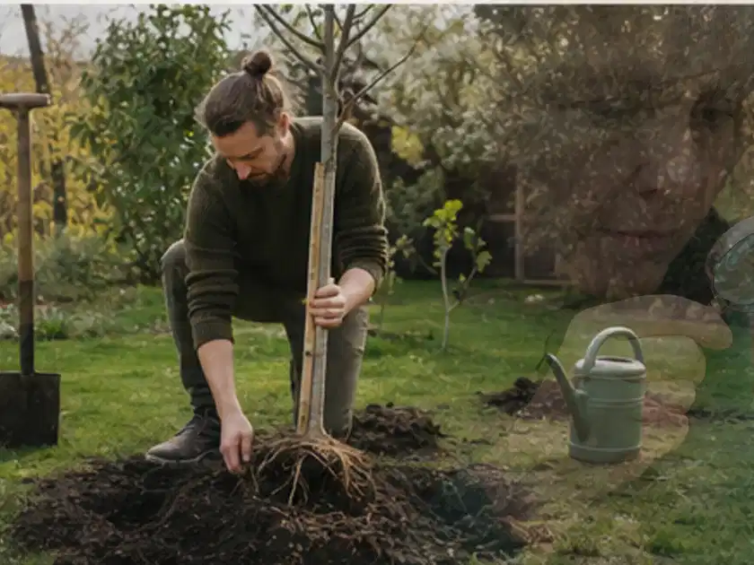 Person setzt einen jungen Zierbaum in ein vorbereitetes Pflanzloch im Garten; Thema Sonnenpflanzen, Schwerpunkt Gartenpraxis; Titelbild.