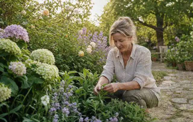 Person pflegt üppige Pflanzen in einem natürlich beleuchteten Garten; Thema Sonnenpflanzen, Schwerpunkt Gartenpraxis; Umsetzung.