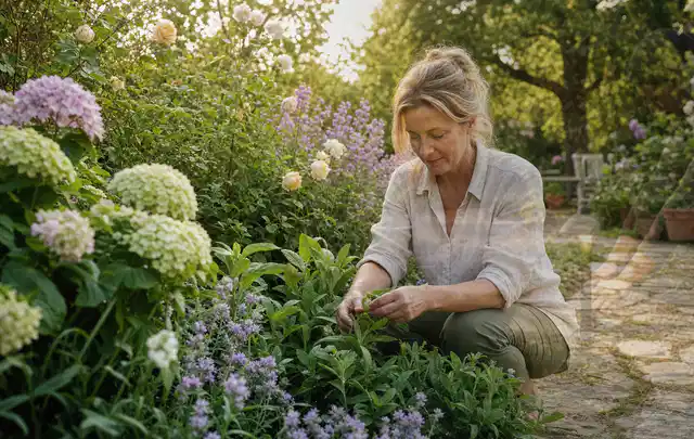 Person pflegt üppige Pflanzen in einem natürlich beleuchteten Garten; Thema Sonnenpflanzen, Schwerpunkt Jahrespflege; Umsetzung.