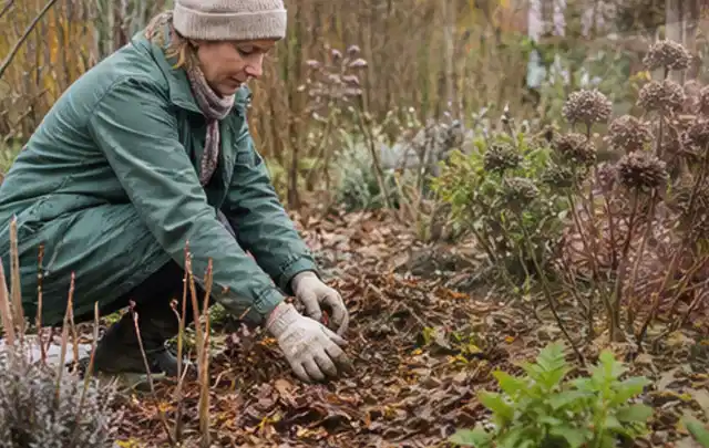 Person verteilt eine schützende Mulchschicht zwischen winterlichen Stauden; Thema Sonnenpflanzen, Schwerpunkt Kaufberatung; Praxisalltag.