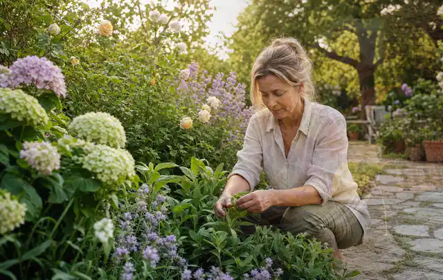 Person pflegt üppige Pflanzen in einem natürlich beleuchteten Garten; Thema Sonnenpflanzen, Schwerpunkt Pflanzen; Ergebnis.