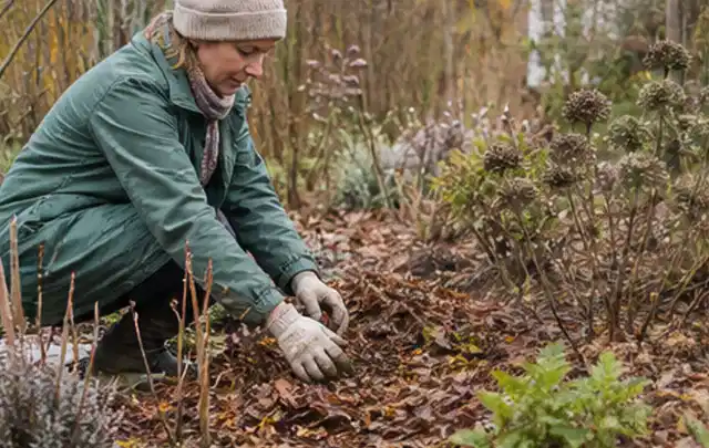 Person verteilt eine schützende Mulchschicht zwischen winterlichen Stauden; Thema Sonnenpflanzen, Schwerpunkt Pflanzenschutz; Ergebnis.