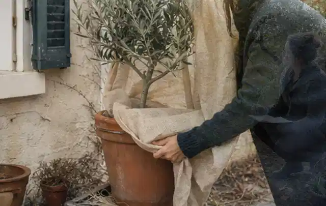 Person umhüllt eine mediterrane Kübelpflanze mit atmungsaktivem Winterschutz; Thema Sonnenpflanzen, Schwerpunkt Pflanzpartner; Praxisalltag.
