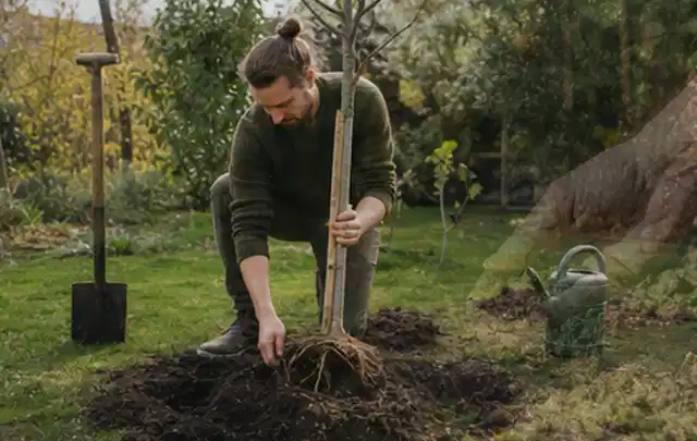 Person setzt einen jungen Zierbaum in ein vorbereitetes Pflanzloch im Garten; Thema Sonnenpflanzen, Schwerpunkt Problemlösung; Ergebnis.