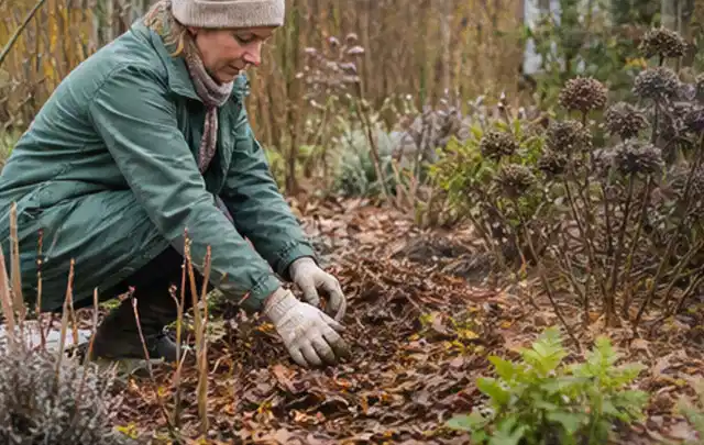 Person verteilt eine schützende Mulchschicht zwischen winterlichen Stauden; Thema Sonnenpflanzen, Schwerpunkt Rückschnitt; Ausgangslage.