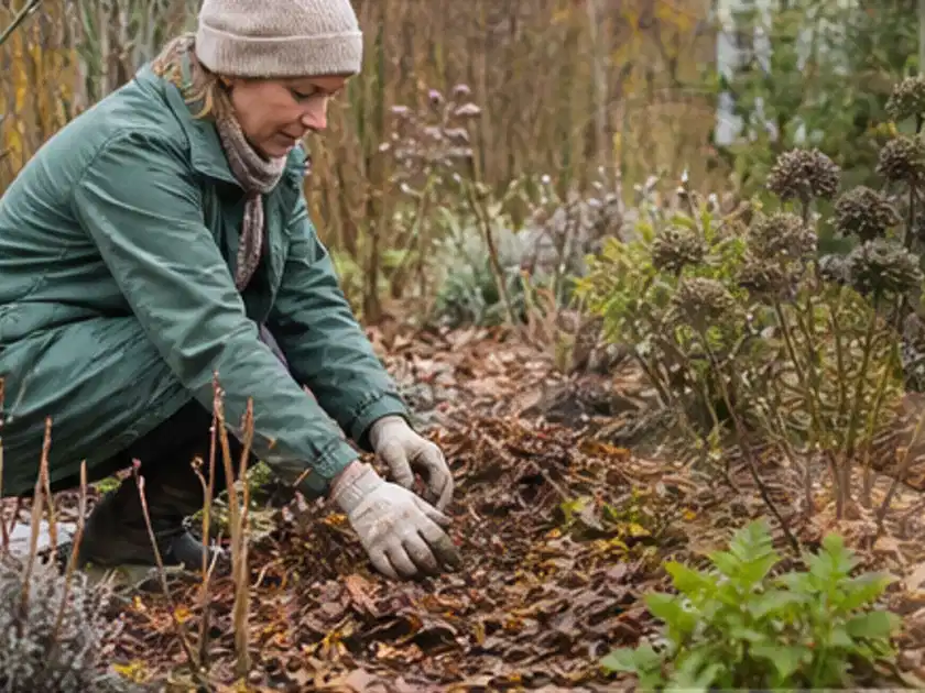 Person verteilt eine schützende Mulchschicht zwischen winterlichen Stauden; Thema Sonnenpflanzen, Schwerpunkt Topfkultur; Titelbild.