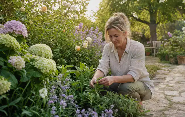 Person pflegt üppige Pflanzen in einem natürlich beleuchteten Garten; Thema Sonnenpflanzen, Schwerpunkt Topfkultur; Umsetzung.