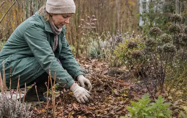 Person verteilt eine schützende Mulchschicht zwischen winterlichen Stauden; Thema Sonnenpflanzen, Schwerpunkt Vermehrung; Ergebnis.